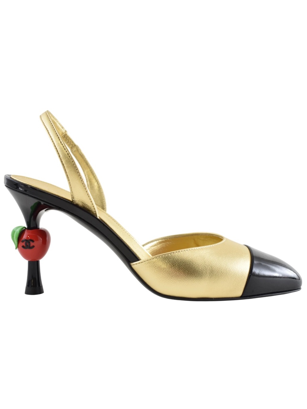 Chanel 26A Metiers Blazy Gold Black Red Apple Sling CC Slingback Heel Pump 38